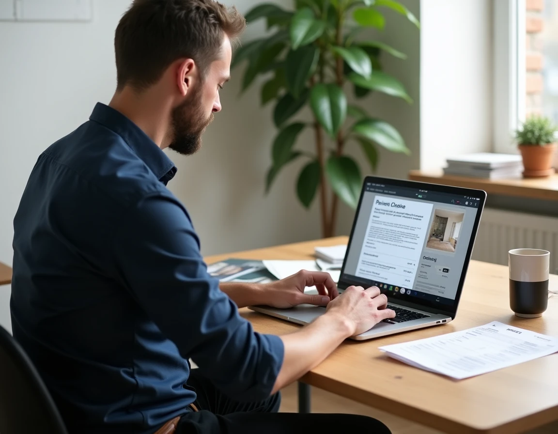 Homme consultant un devis en ligne pour la pose de carrelage depuis son bureau à domicile