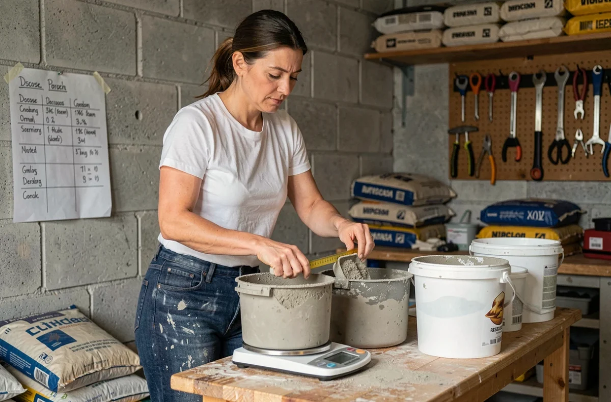 Femme préparant le dosage du béton pour une chape de carrelage dans un atelier de bricolage