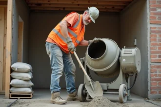 Ouvrier dosant du béton à la pelle dans une bétonnière sur un chantier de construction résidentiel