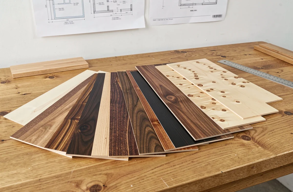 Échantillons de placage bois imitant des essences rares disposés sur une table de studio de design