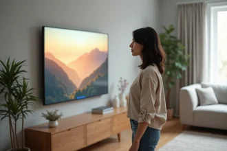 Femme admirant un écran numérique pour photos accroché au mur d'un salon moderne au style scandinave