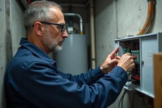 Électricien inspectant un contacteur jour nuit dans un tableau électrique de logement résidentiel