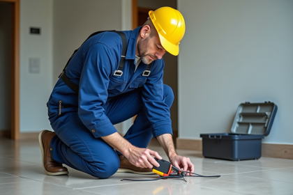 Électricien moyen âge examine un testeur de terre à l'intérieur