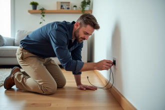 Homme en bleu installant une prise électrique dans un salon moderne