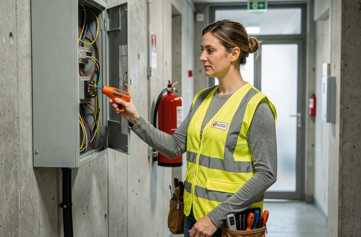 Électricienne qualifiée inspectant un tableau électrique dans un bâtiment commercial à Strasbourg