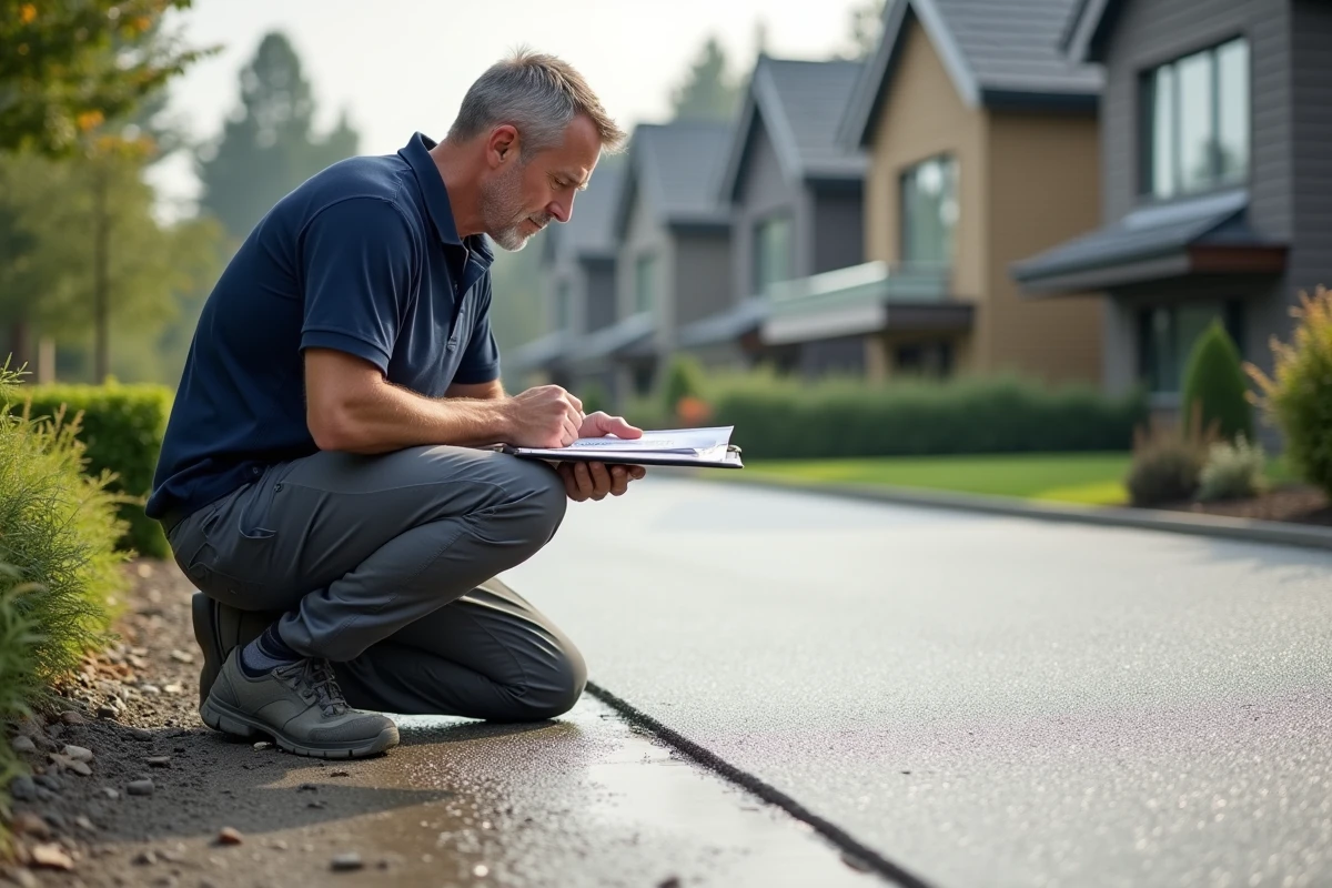 Entrepreneur en polo navy examine une dalle de béton exposé
