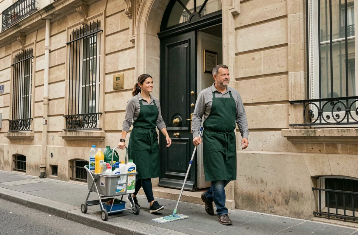Équipe de nettoyage professionnelle arrivant au domicile d'un client à Nîmes
