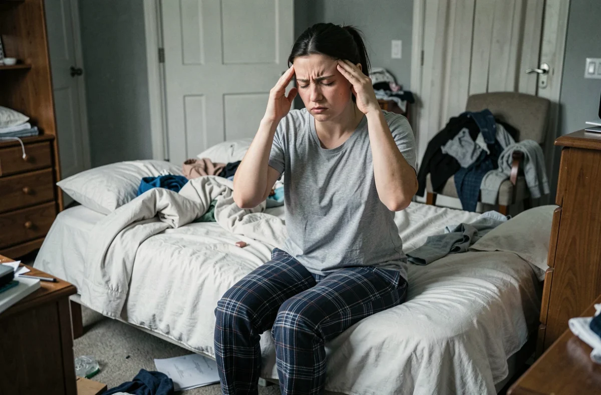 Femme fatiguée assise sur un lit mal orienté dans une chambre désordonnée, illustrant les erreurs feng shui qui perturbent le sommeil