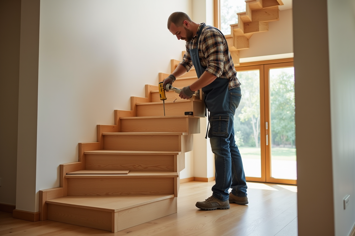 Artisan installant un escalier en bois dans une maison lumineuse