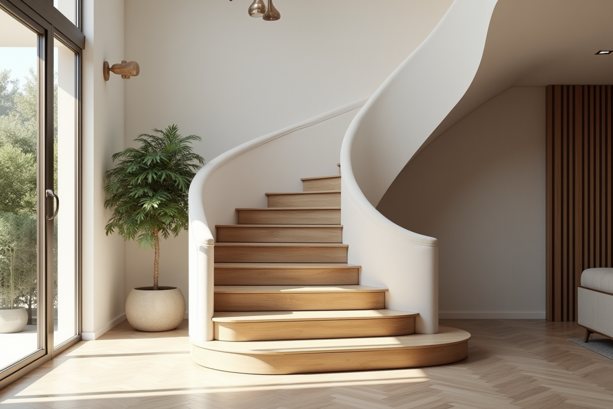 Escalier en bois moderne dans un espace lumineux et spacieux