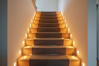 Escalier moderne en bois avec éclairage LED intégré sous chaque marche dans un couloir minimaliste