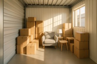 Photo hyperrealiste d'un espace de rangement moderne et lumineux avec cartons et fauteuil