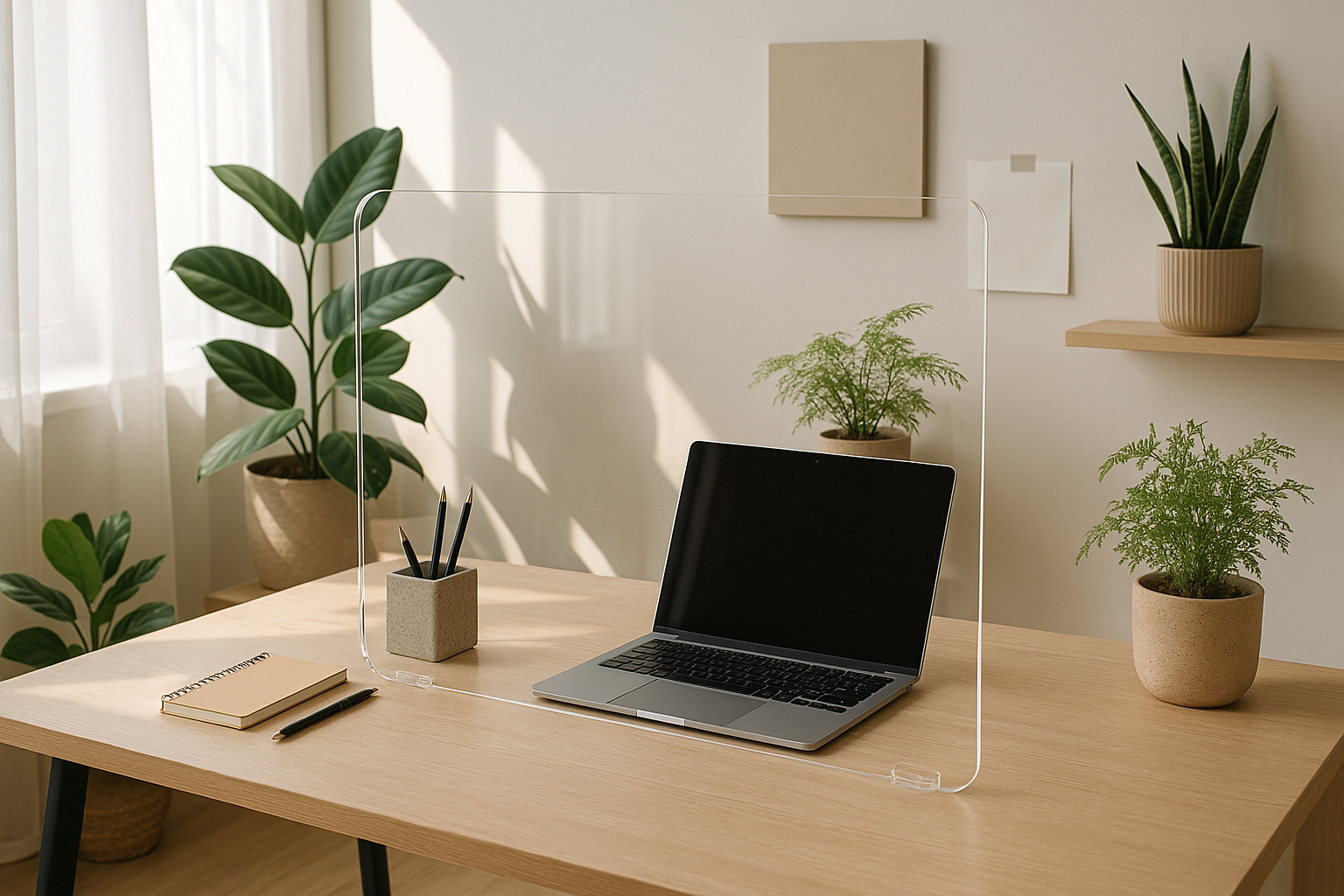Espace de travail avec diviseur en plexiglas et décoration minimaliste