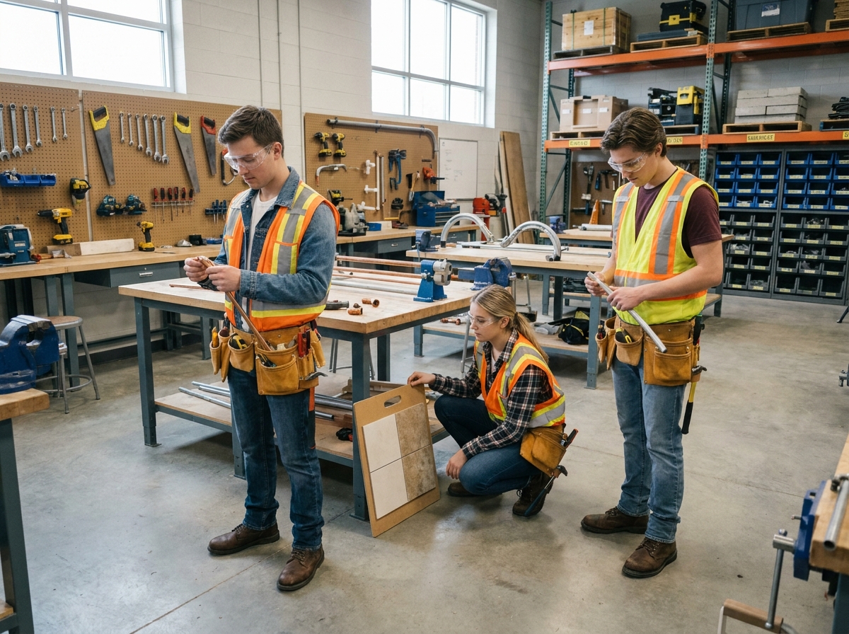 Étudiants en CAP découvrant différents métiers du bâtiment lors d'un atelier d'orientation professionnelle