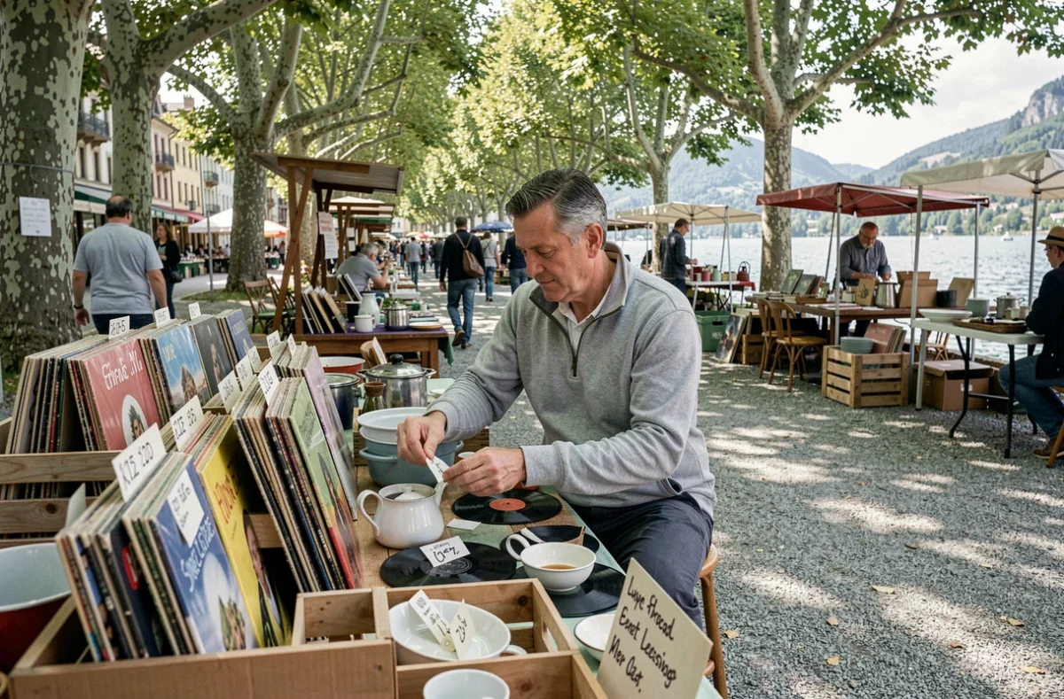 Homme exposant au vide-grenier d'Annecy étiquetant des vinyles et objets rétro sur son stand en plein air