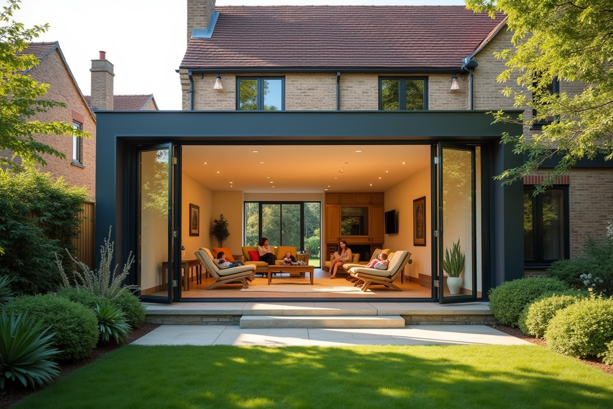 Extension de maison avec portes vitrées et jardin ensoleillé