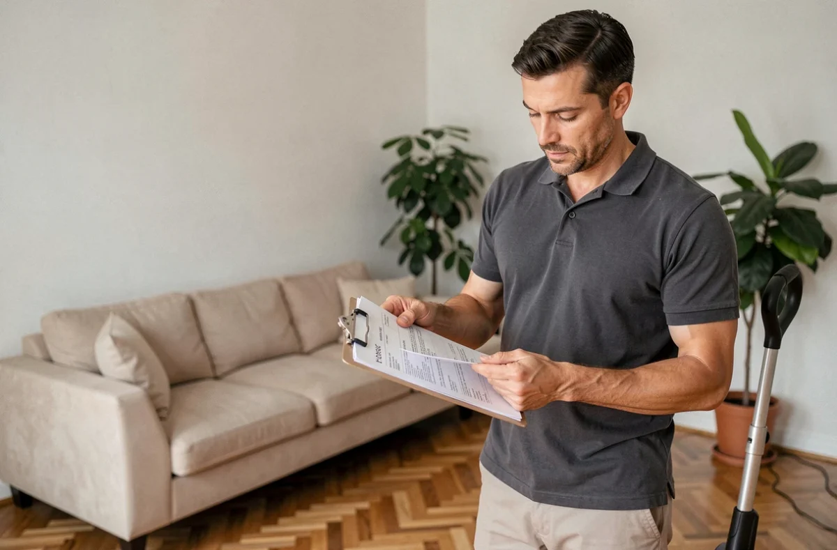 Homme consultant une facture de service de ménage à domicile dans un salon propre et rangé