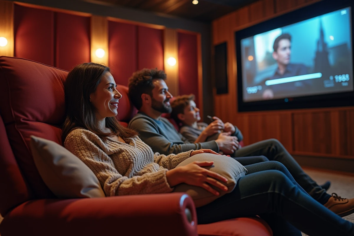 Famille dans un home cinéma en train de discuter confortablement