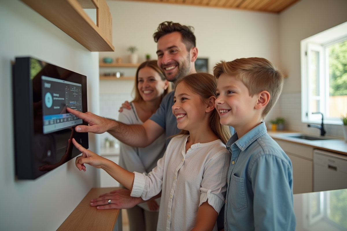 Famille heureuse utilisant un panneau de contrôle intelligent