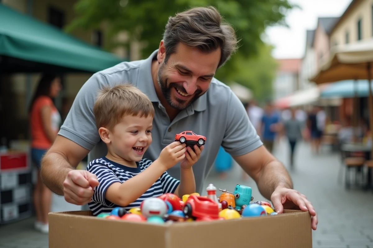 Père et fils découvrant des jouets anciens ensemble lors d'un vide-grenier familial en 44