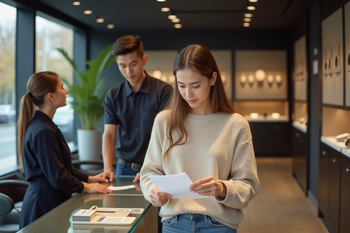 Jeune femme vérifiant une facture dans une boutique de montres