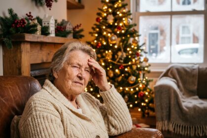 Femme âgée protégeant ses yeux de l'éblouissement des guirlandes lumineuses de Noël dans un salon traditionnel