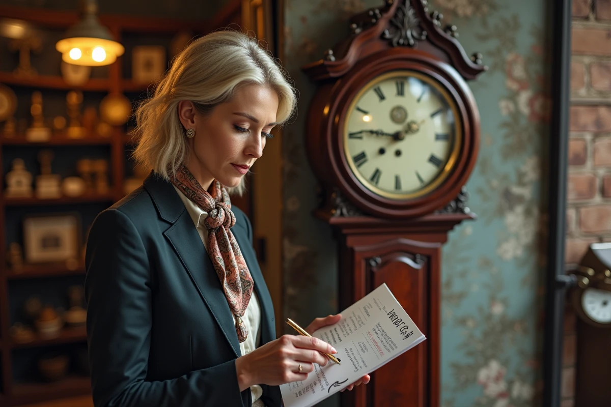 Femme en costume consultant une horloge dans une boutique d