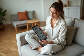 Femme utilisant une application de décoration intérieure sur tablette dans un salon moderne au canapé gris et parquet en chêne