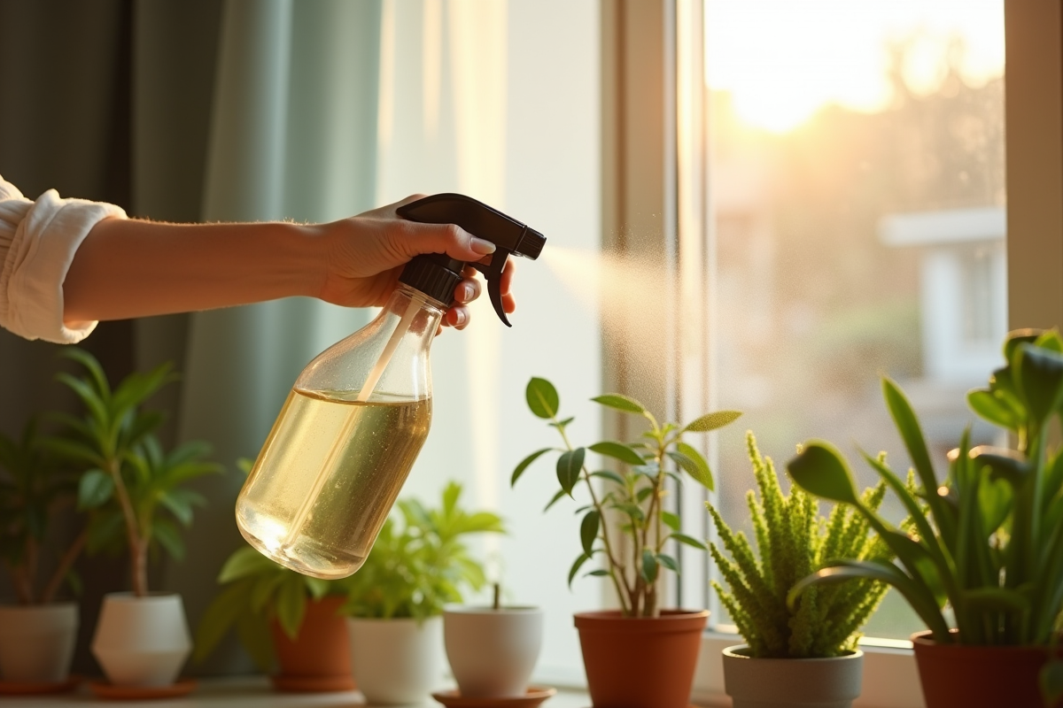 Femme vaporisant une solution naturelle sur des plantes d