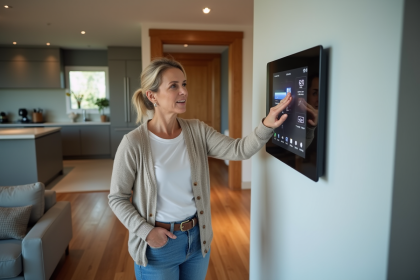 Femme moderne utilisant un panneau tactile dans son salon