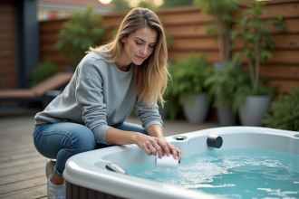 Femme en sweat gris et jeans près d'un spa extérieur