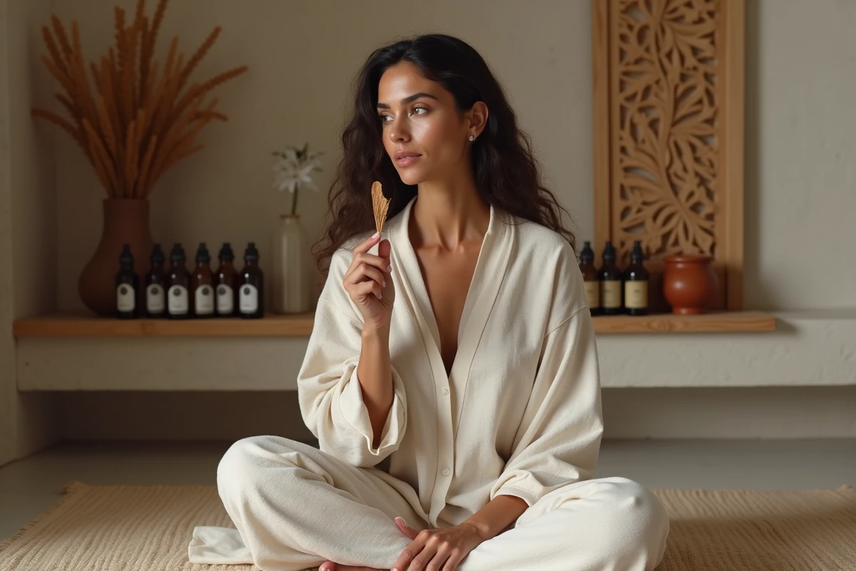 Femme tenant un morceau de bois d'oud dans un salon minimaliste au style arabe avec flacons de parfum