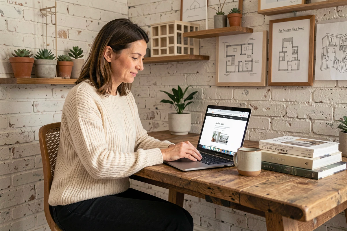 Femme consultant des actualités de design d'intérieur sur un ordinateur portable dans un bureau rustique aux murs en brique blanchie