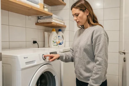 Femme examinant la marque d'un lave-linge dans une buanderie moderne, comparant les modèles avant achat