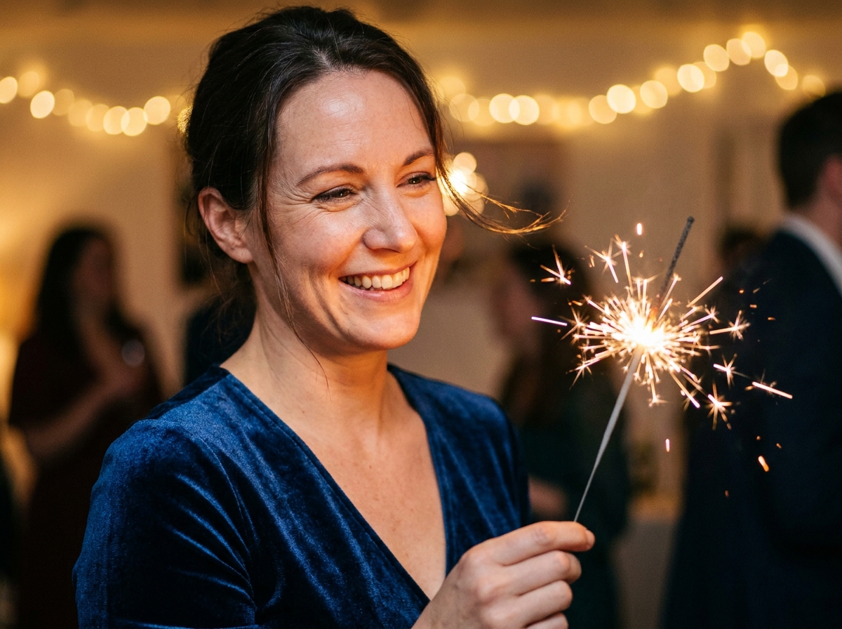 Femme tenant un cierge magique d'intérieur lors d'une fête privée en soirée