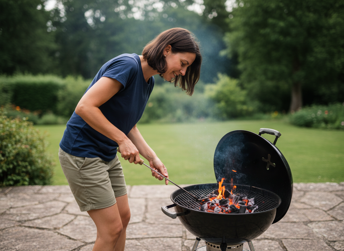 Jeune femme vérifie le charbon dans un barbecue