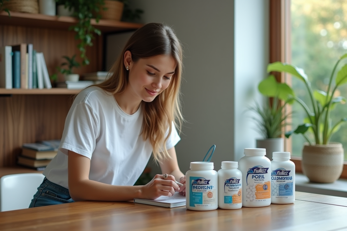 Jeune femme comparant différents produits de chlore pour piscine