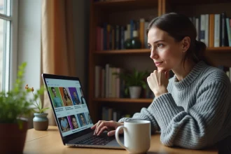 Femme consultant le site Gospi.fr sur un ordinateur portable dans un bureau à domicile
