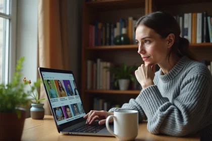 Femme consultant le site Gospi.fr sur un ordinateur portable dans un bureau à domicile