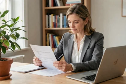 Femme consultant un contrat d'embauche pour une aide ménagère à son bureau à domicile