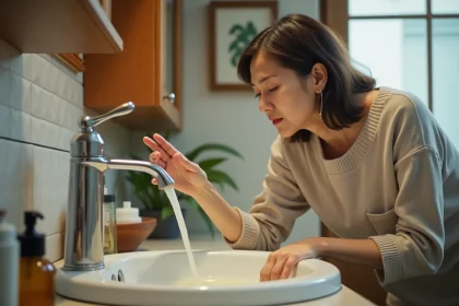 Femme d'âge moyen vérifiant l'eau jaune dans le lavabo