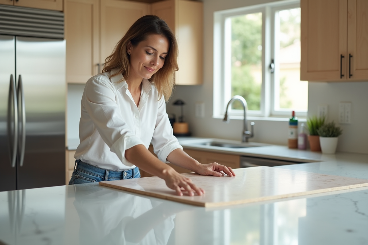 Femme compare deux finitions de plans de travail dans une cuisine moderne