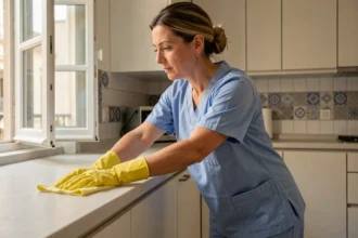 Femme de ménage professionnelle en uniforme bleu nettoyant un plan de travail dans un appartement moderne à Marseille