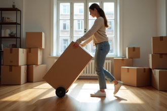 Jeune femme poussant une caisse en bois dans un salon lumineux