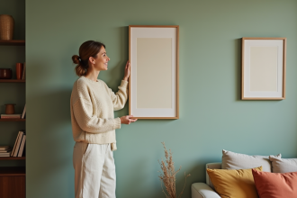 Femme souriante posant devant un mur vert sauge en décoration intérieure