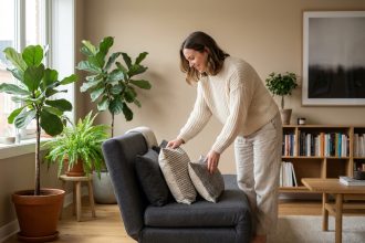 Femme arrangeant des coussins sur un fauteuil moderne dans un salon lumineux