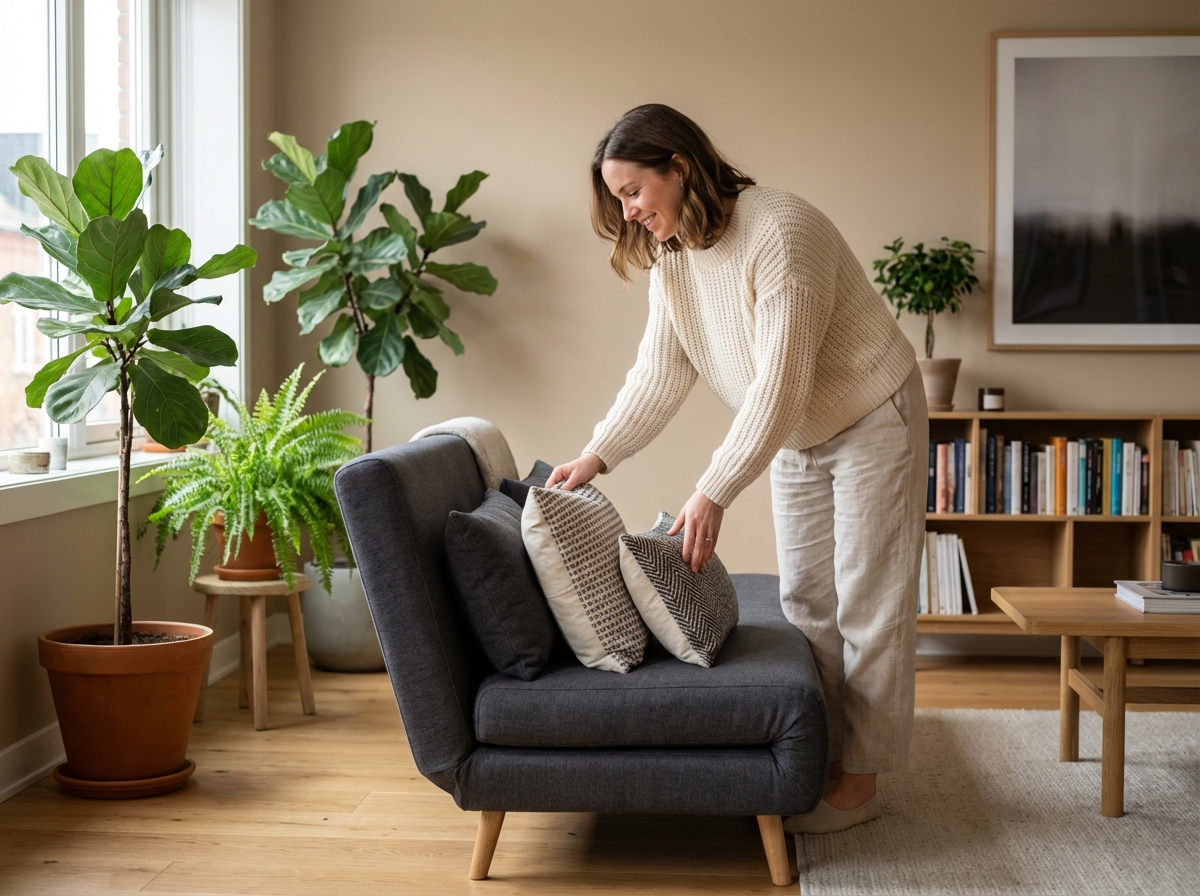Femme arrangeant des coussins sur un fauteuil moderne dans un salon lumineux