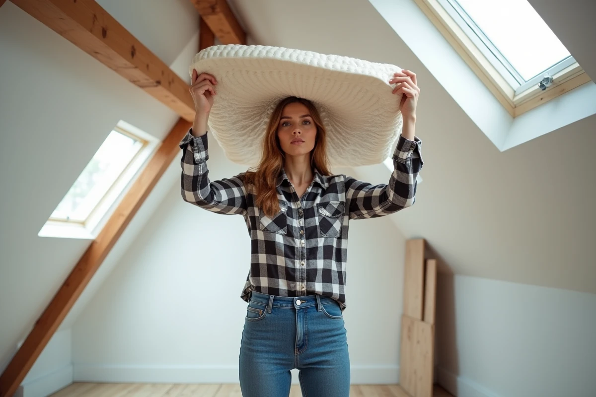 Jeune femme montrant isolant triso noir dans un loft lumineux