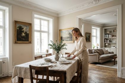 Femme élégante arrangeant des assiettes en céramique dans une salle à manger classique