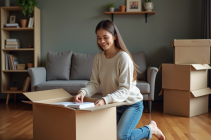 Femme dans son salon emballe des livres dans une boîte